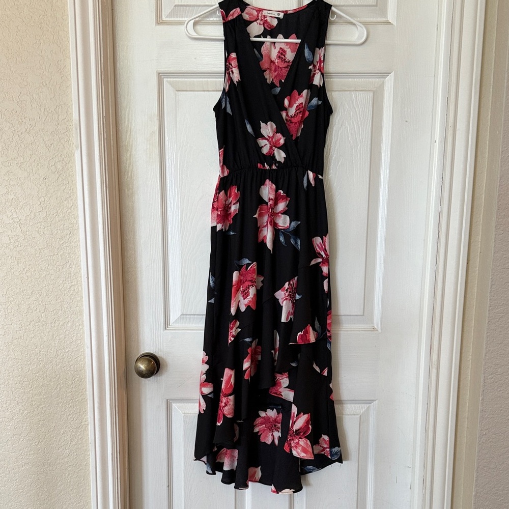 Soprano Black and Pink Floral High Low Dress